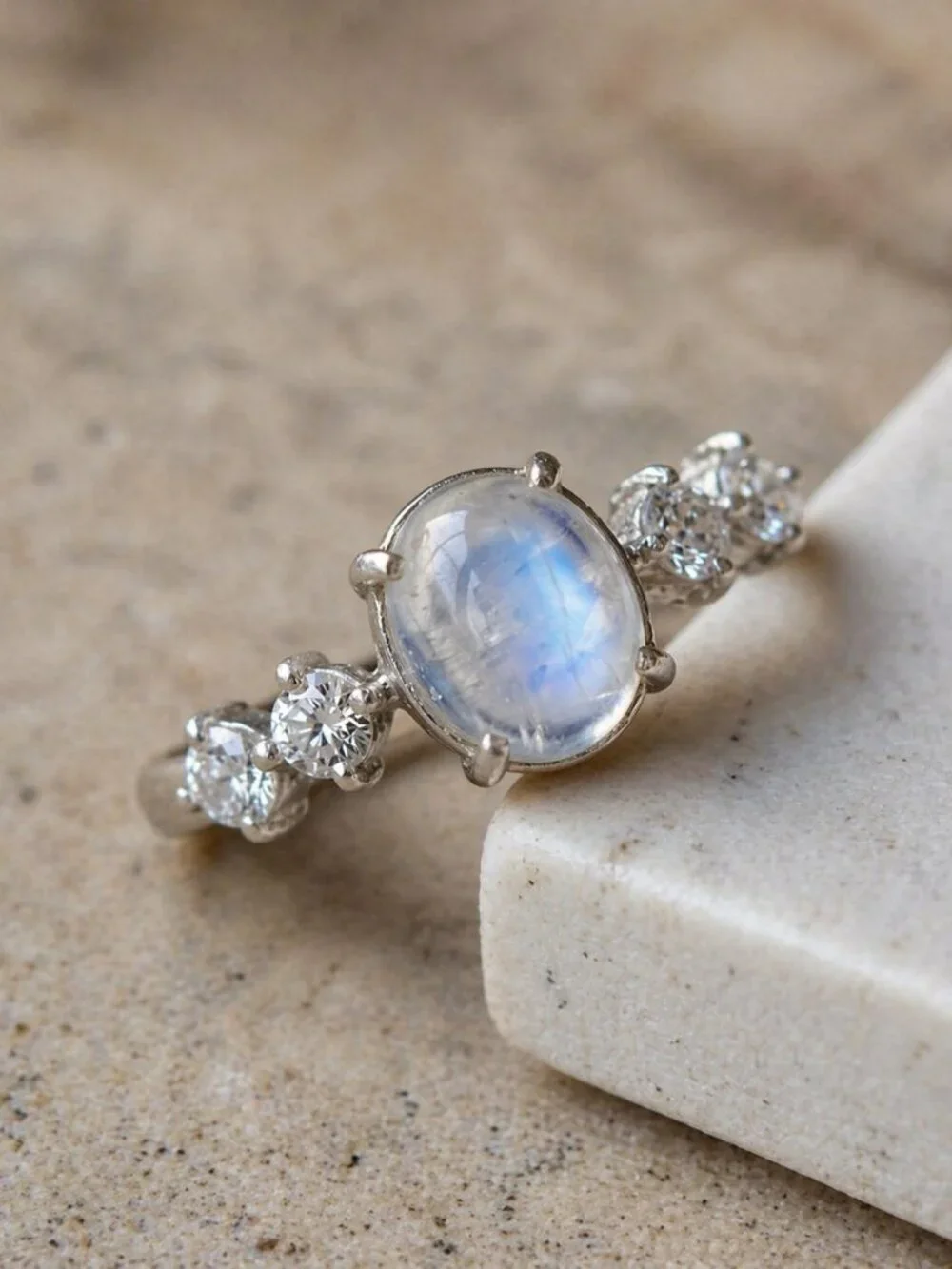 Celestial Dainty 925 Silver Genuine Moonstone CZ Minimalist Ring Size 6